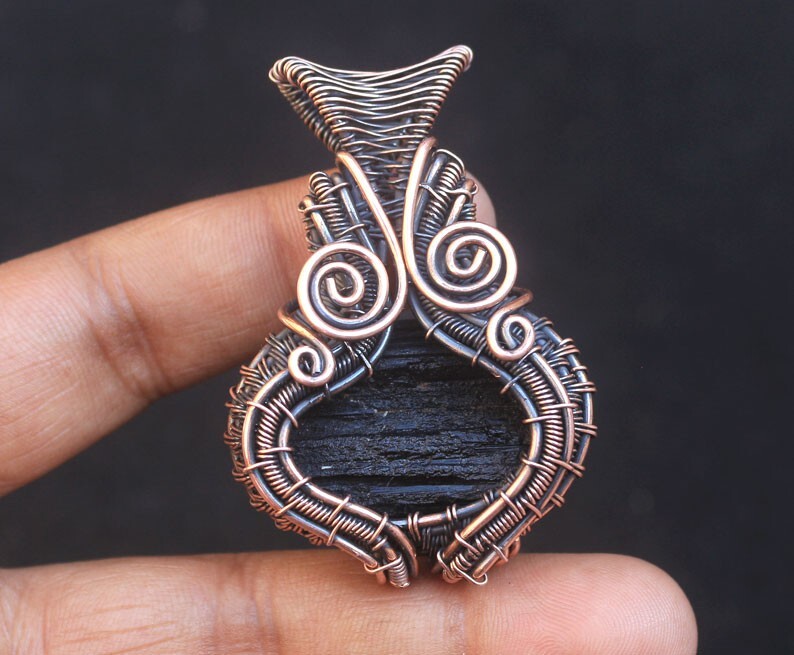 Rare Black Tourmaline Druzy Copper Wire Wrap Pendant Jewelry Gift For Her N176