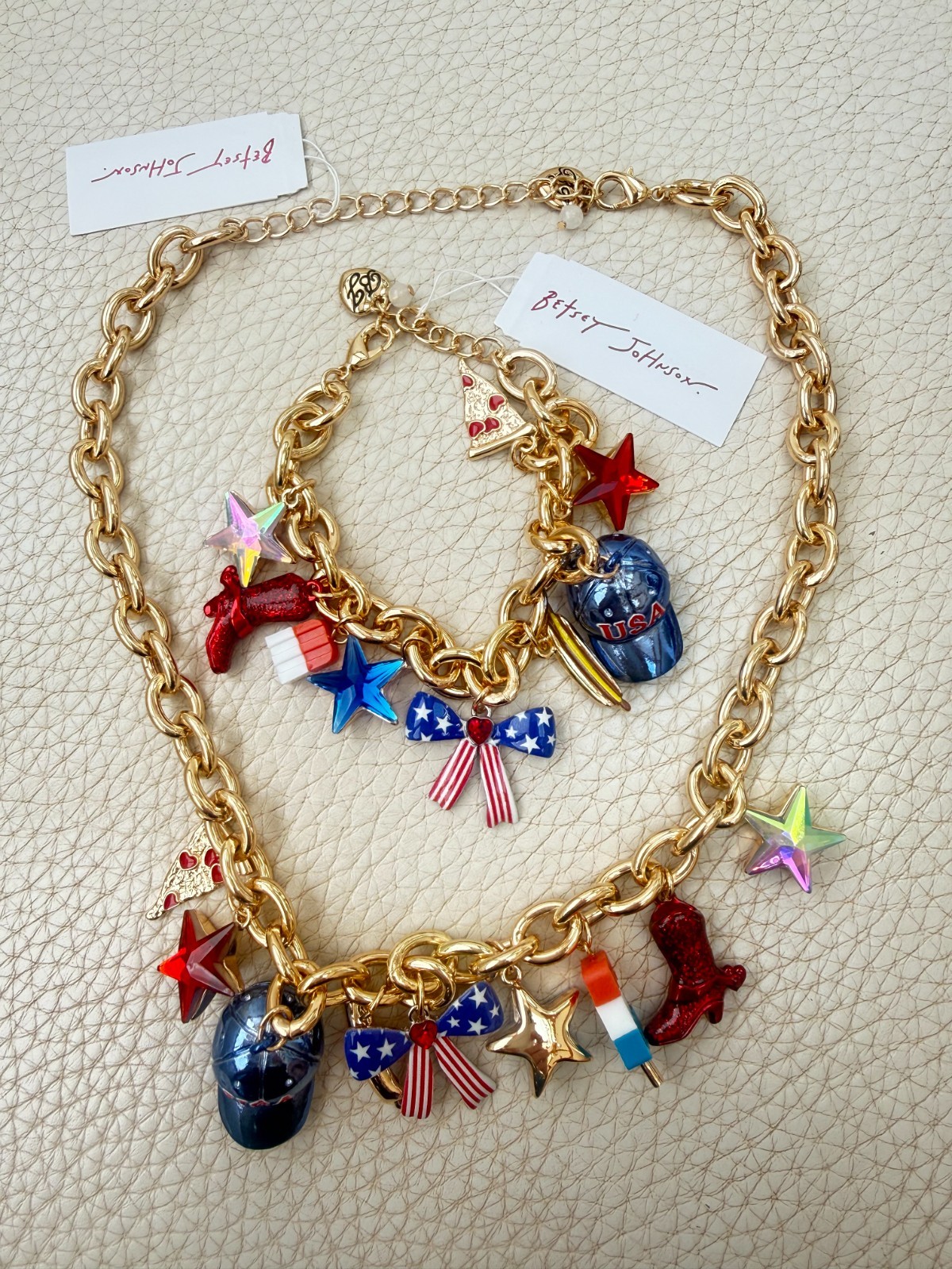NWT BETSEY JOHNSON GOLD PLATED AMERICANA CHARM NECKLACE & BRACELET SET $260