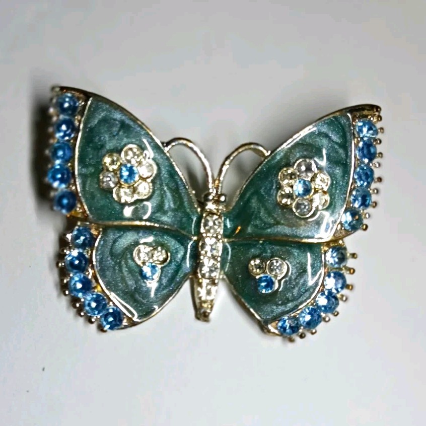 Butterfly Brooch Pin Silver Tone Blue & Green Enamel Blue Rhinestone Accents