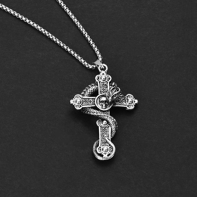 Vintage Punk Hip Hop Gothic Snake Skull Non Tarnish Cross Pendant Necklace