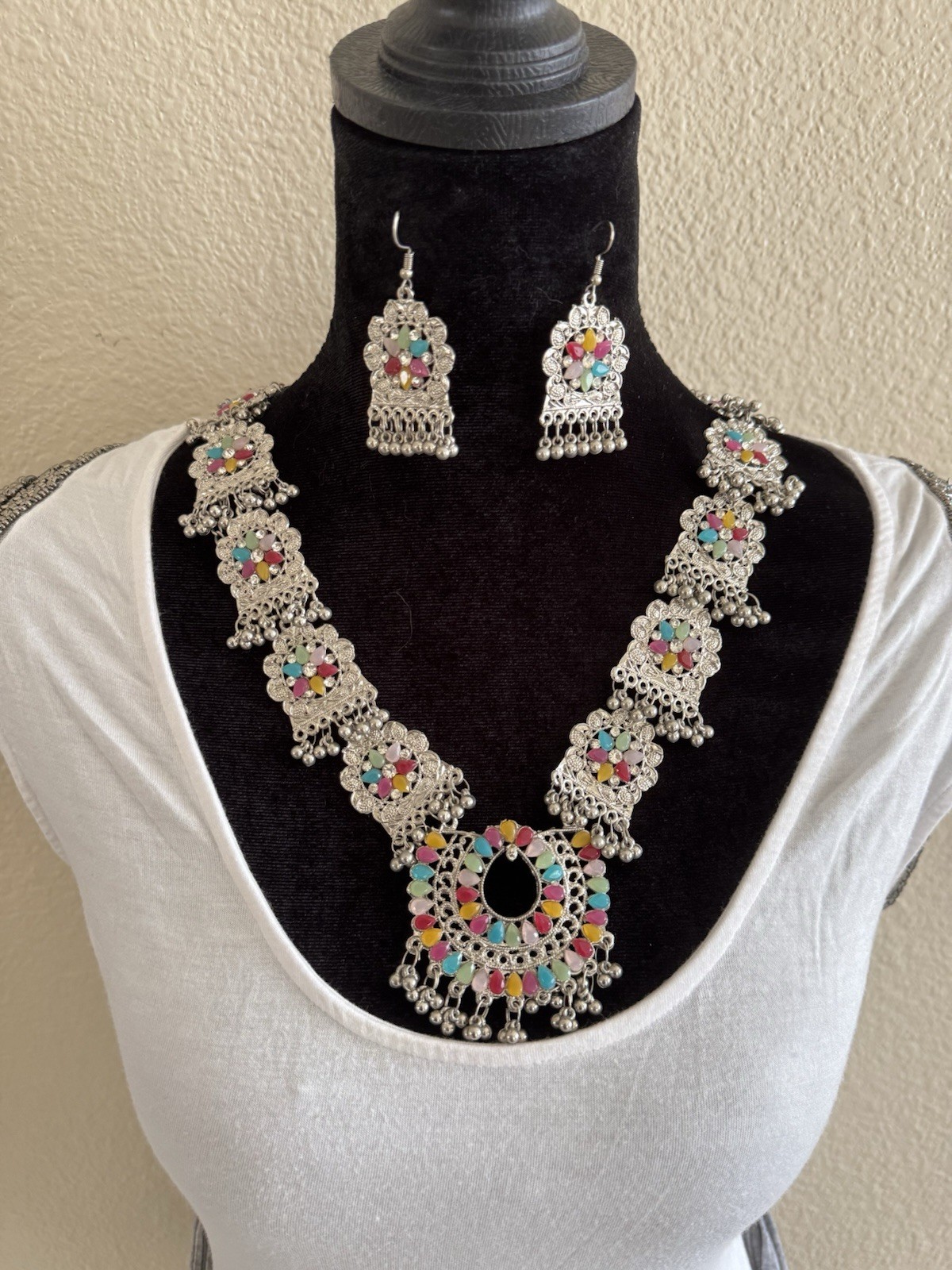 Silver Tone Multicolor Necklace & Dangle Earrings Jewelry Set, Silver Color