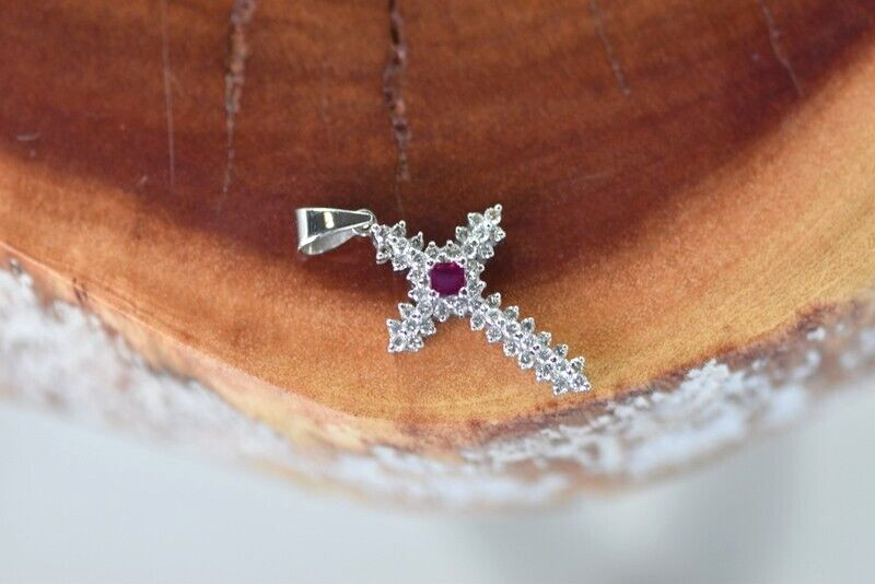 14k White Gold Diamond & Ruby Cross Necklace Pendant Elegant Fine Ladies Charm