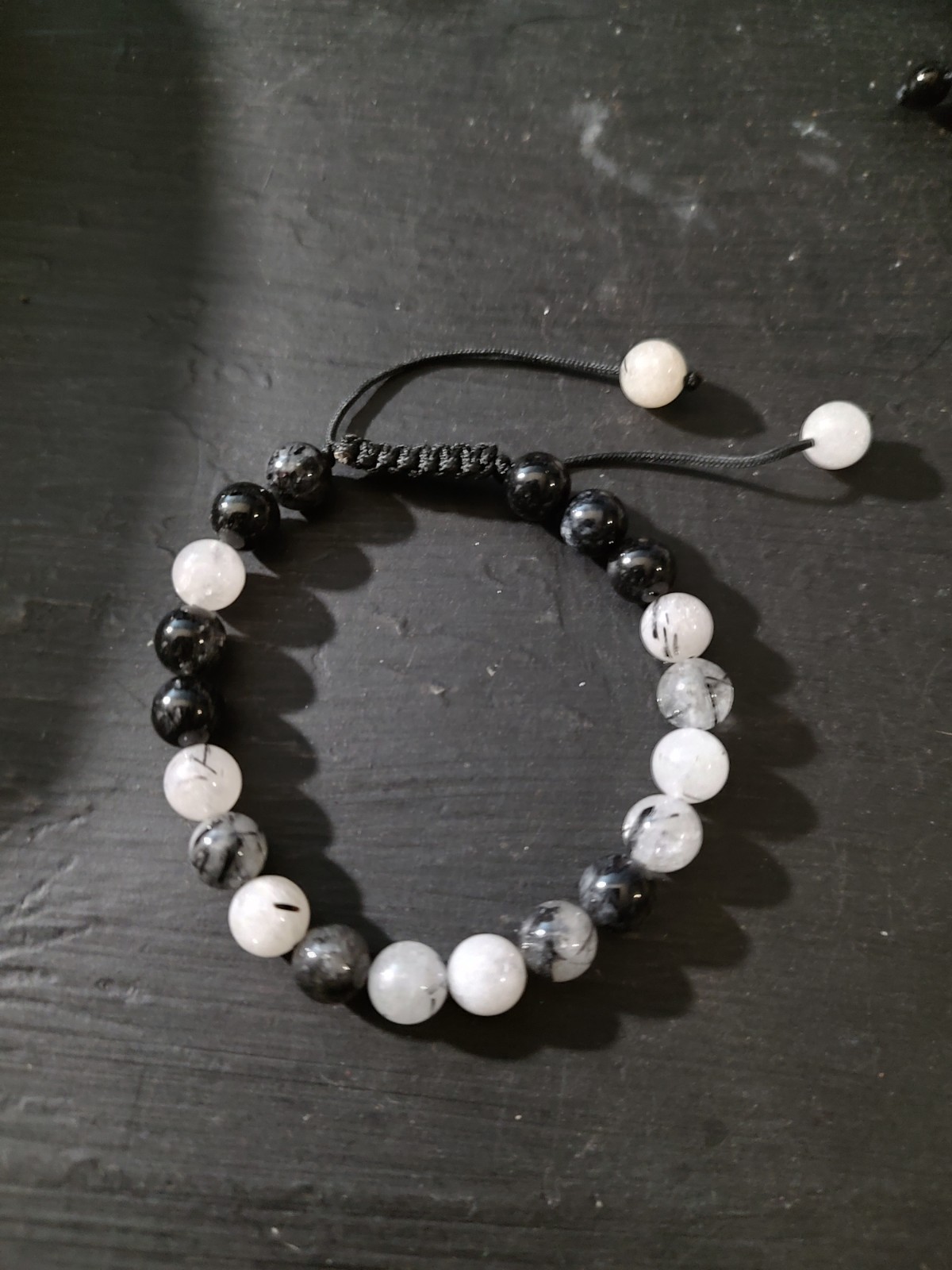 Black White Gray Round Stone Beaded Adjustable Cord Bracelet, Slide Closure