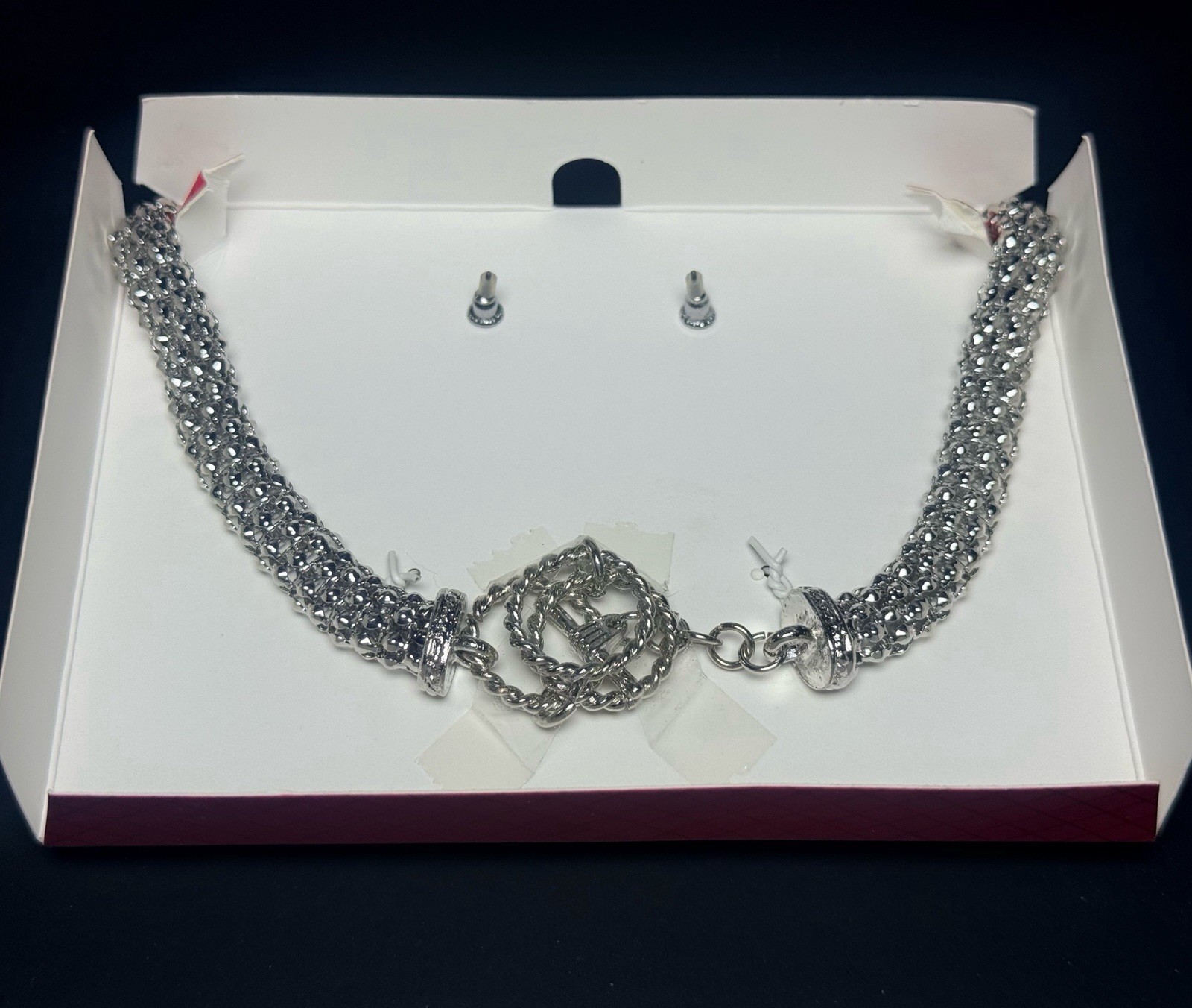 Silver Tone Crystal Necklace Earring Set Rhinestone Toggle Clasp Gift Box NWOT