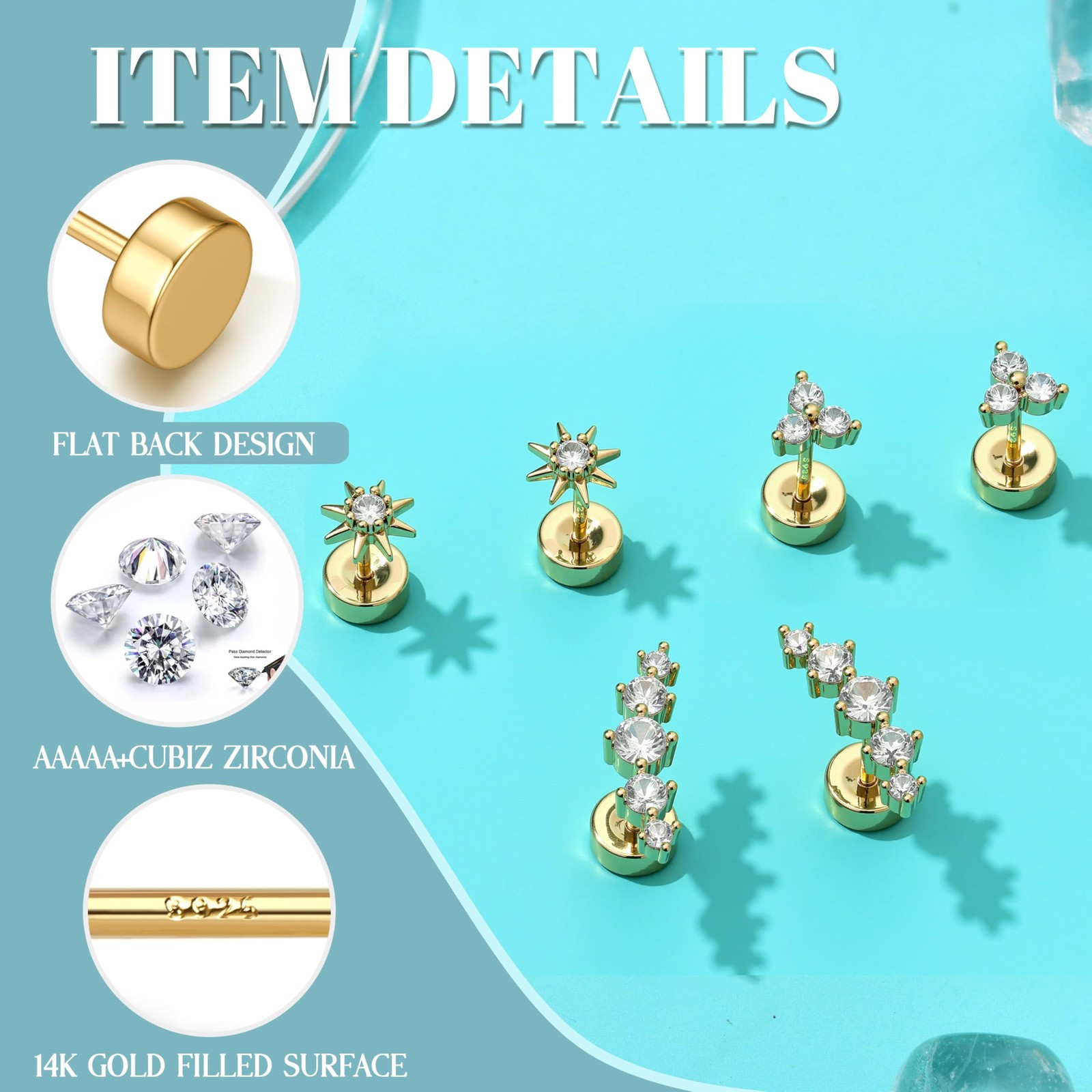 Dochais Flat Back Stud Earrings for Women and Men, Hypoallergenic 14k Gold Pl…
