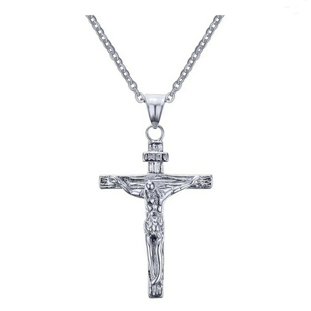 Jesus Crucifix Cross Necklace INRI Pendant Gold Silver Stainless Steel 20″ Chain