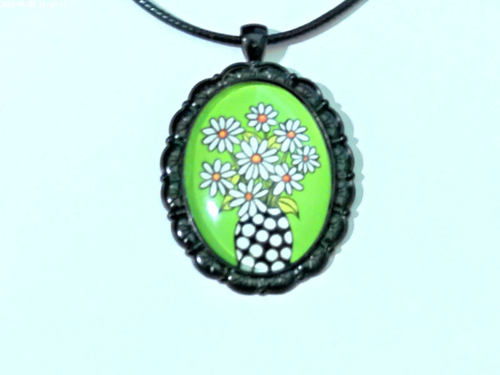 Pretty Vase of Daisies Large Medallion Style Necklace