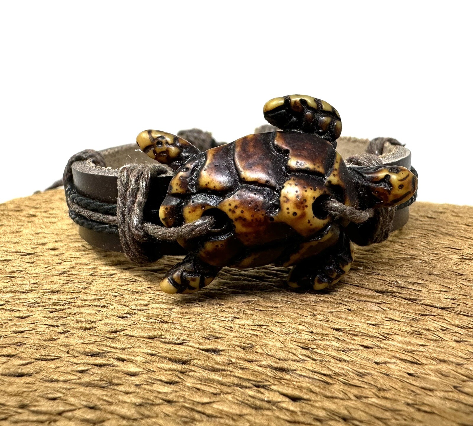 Handcrafted Brown Turtle Bracelet with Adjustable Leather Cord – Unique Jewelry