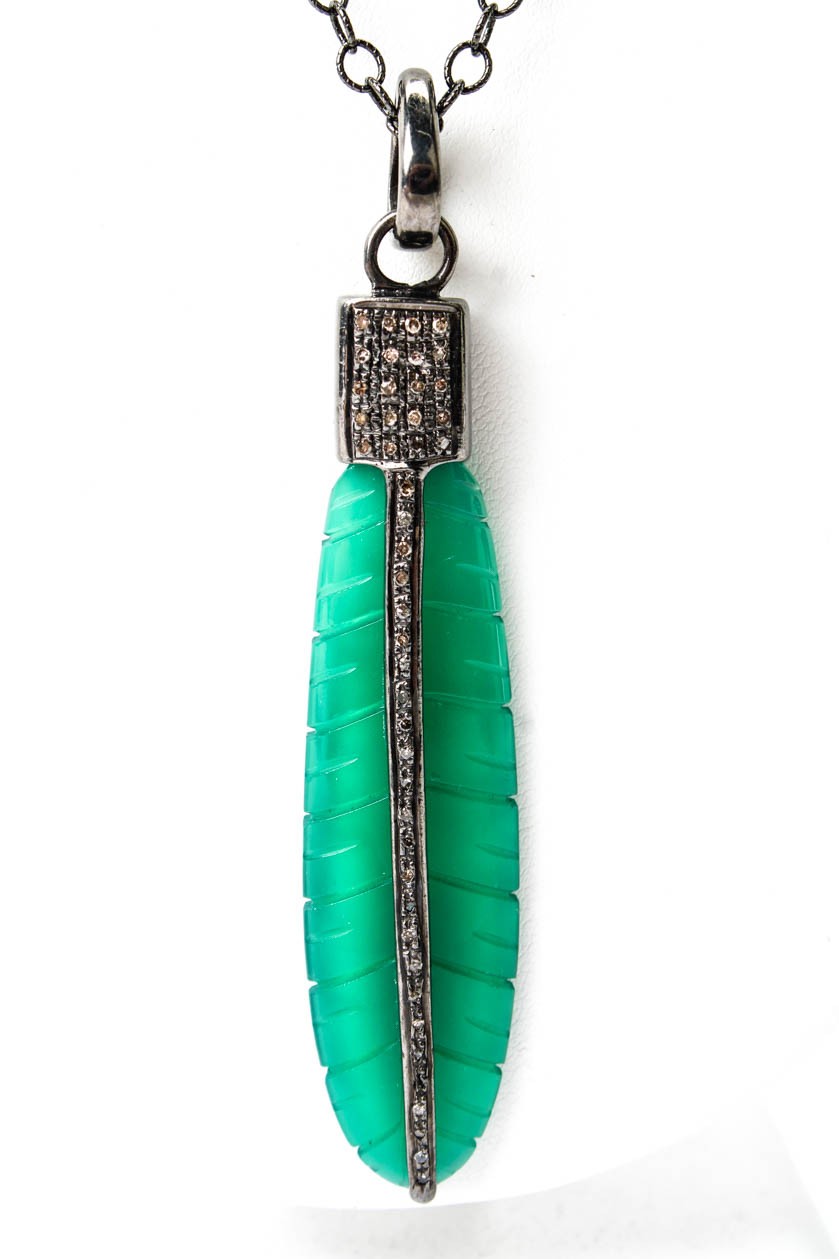 Shay Womens Silver Tone Chalcedony + Diamond Feather Pendant + 925 36″ Chain