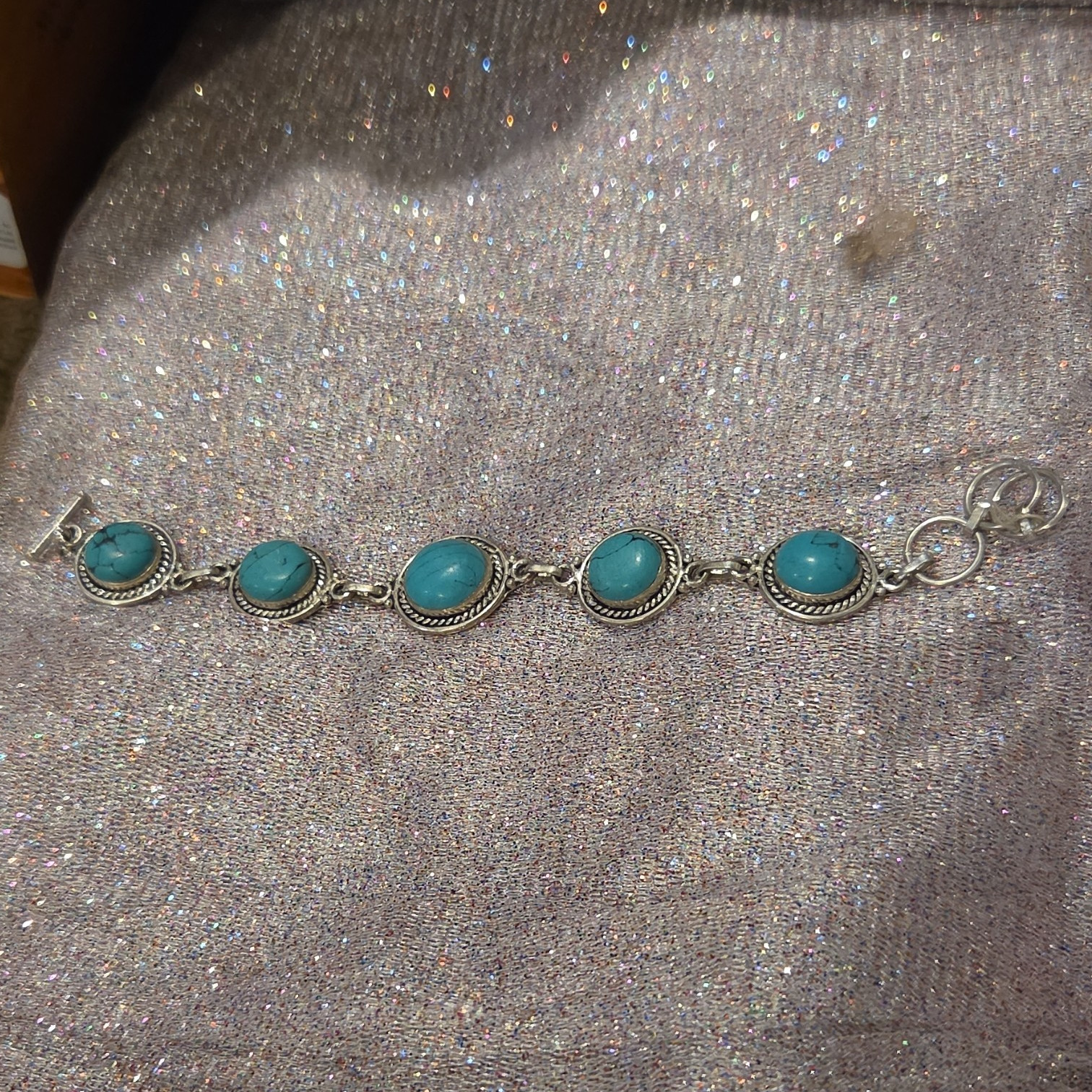 Silver-Tone Cable Link Bracelet 5 Oval Turquoise Bezel Stones Lobster