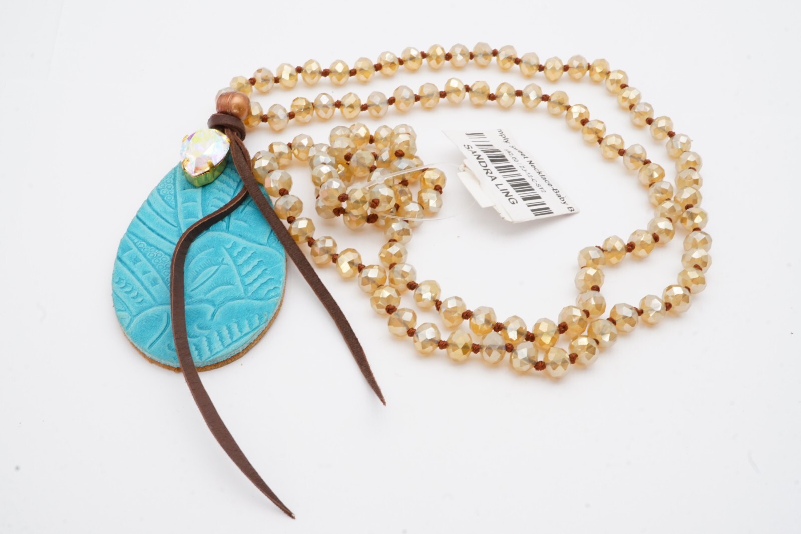 Sandra Ling Necklace Gold Tone Crystal Glass Bead Leather 36″