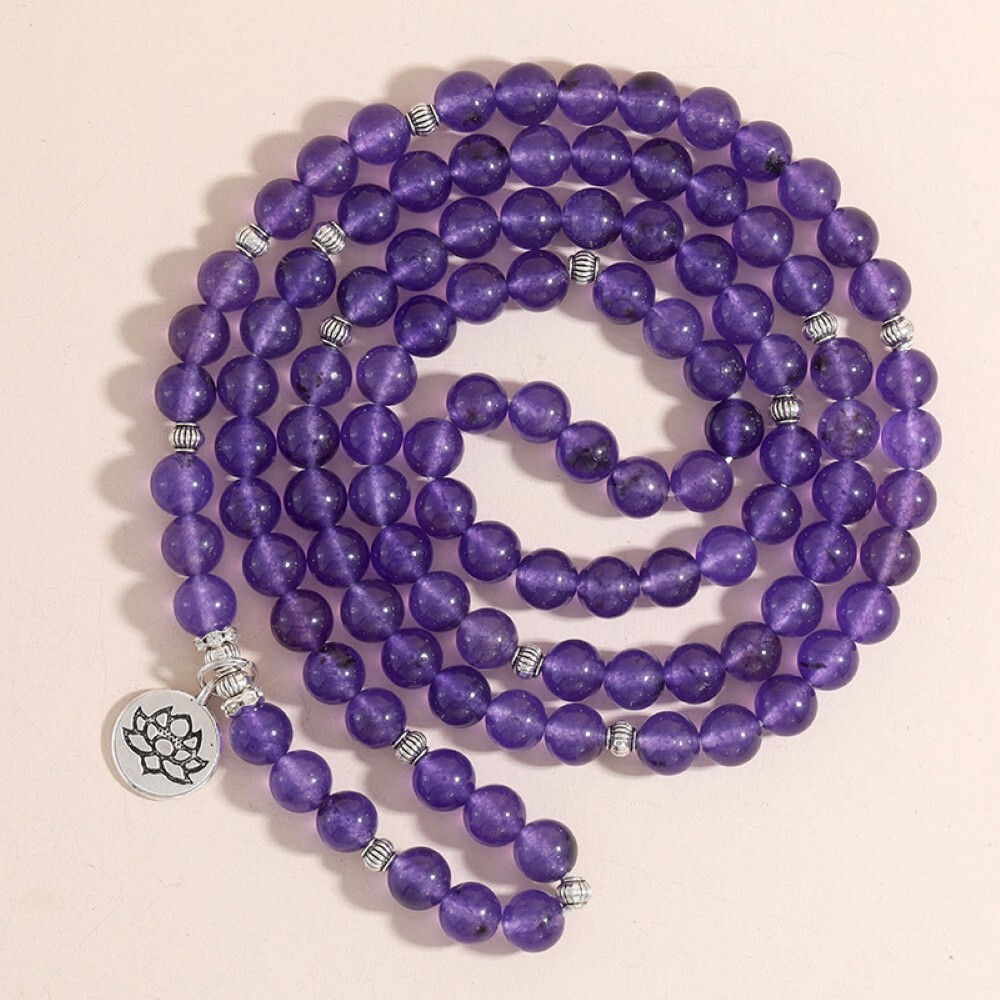 Amethyst Mala Beads 108 Necklace Lotus Charm Bracelet for Prayer Meditation Yoga