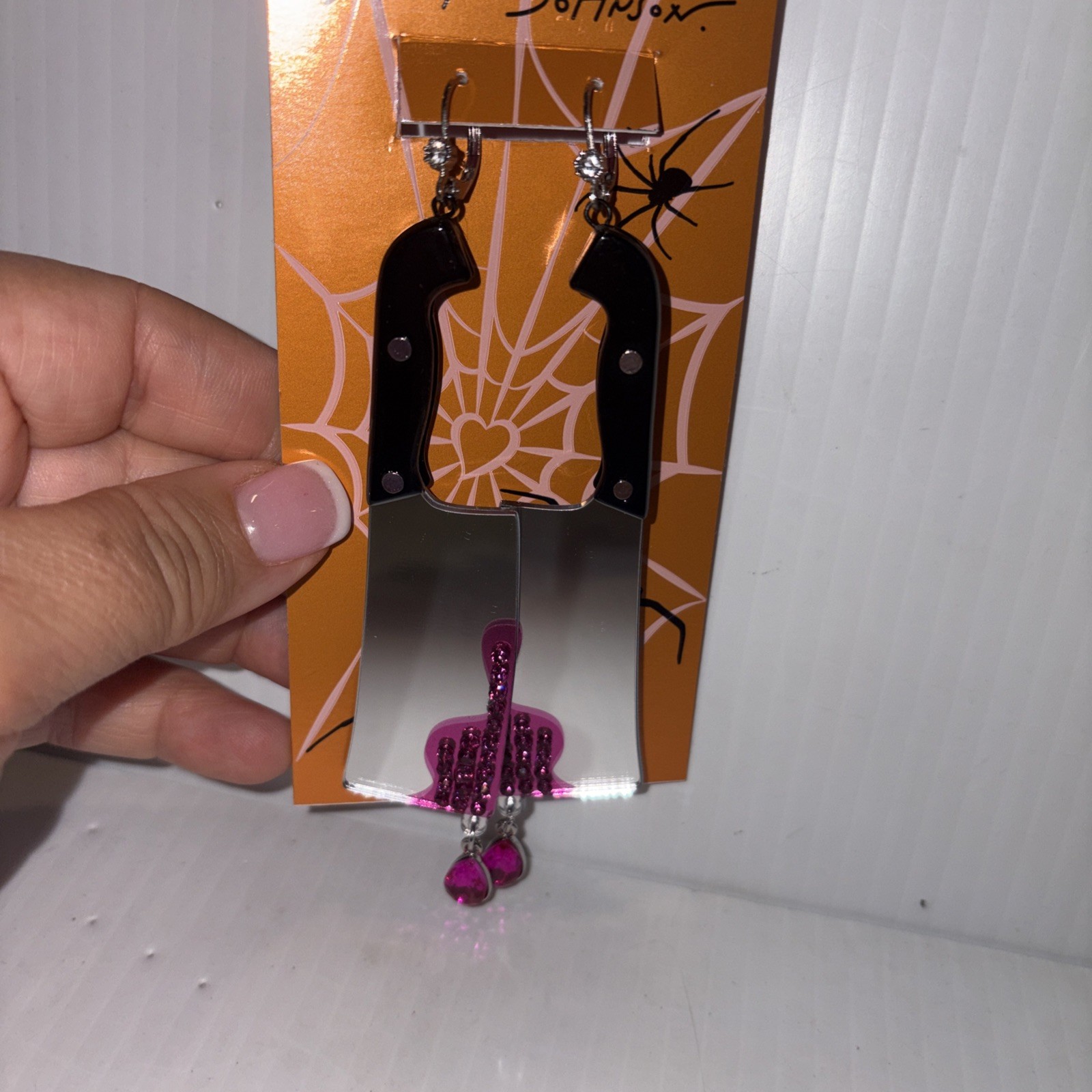 Betsey Johnson Black Handle Cleaver Drop Earrings Crystal Accents For Blood NWT