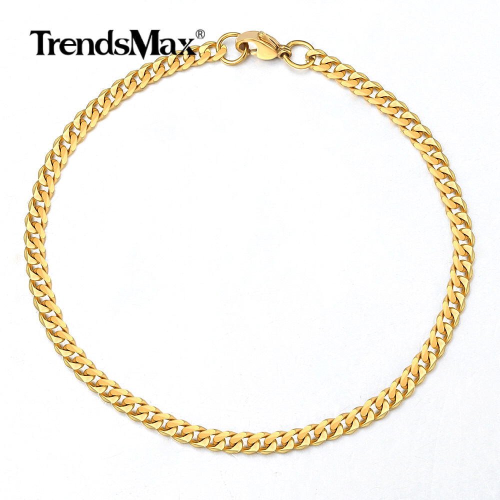 10/11″ Curb Link Chain Stainless Steel Anklet Bracelet Gold Plated Gift 3/5/7mm