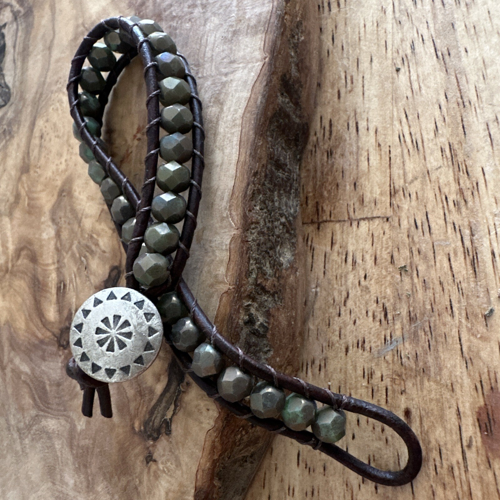 Beaded Leather Wrap Cuff Bracelet Silver Tone Button Closure