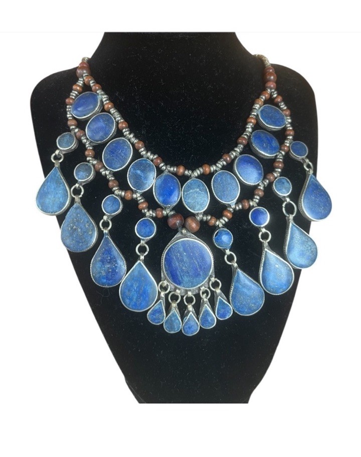 Vintage Silver Tone Bib Statement Necklace Lapis Lazuli