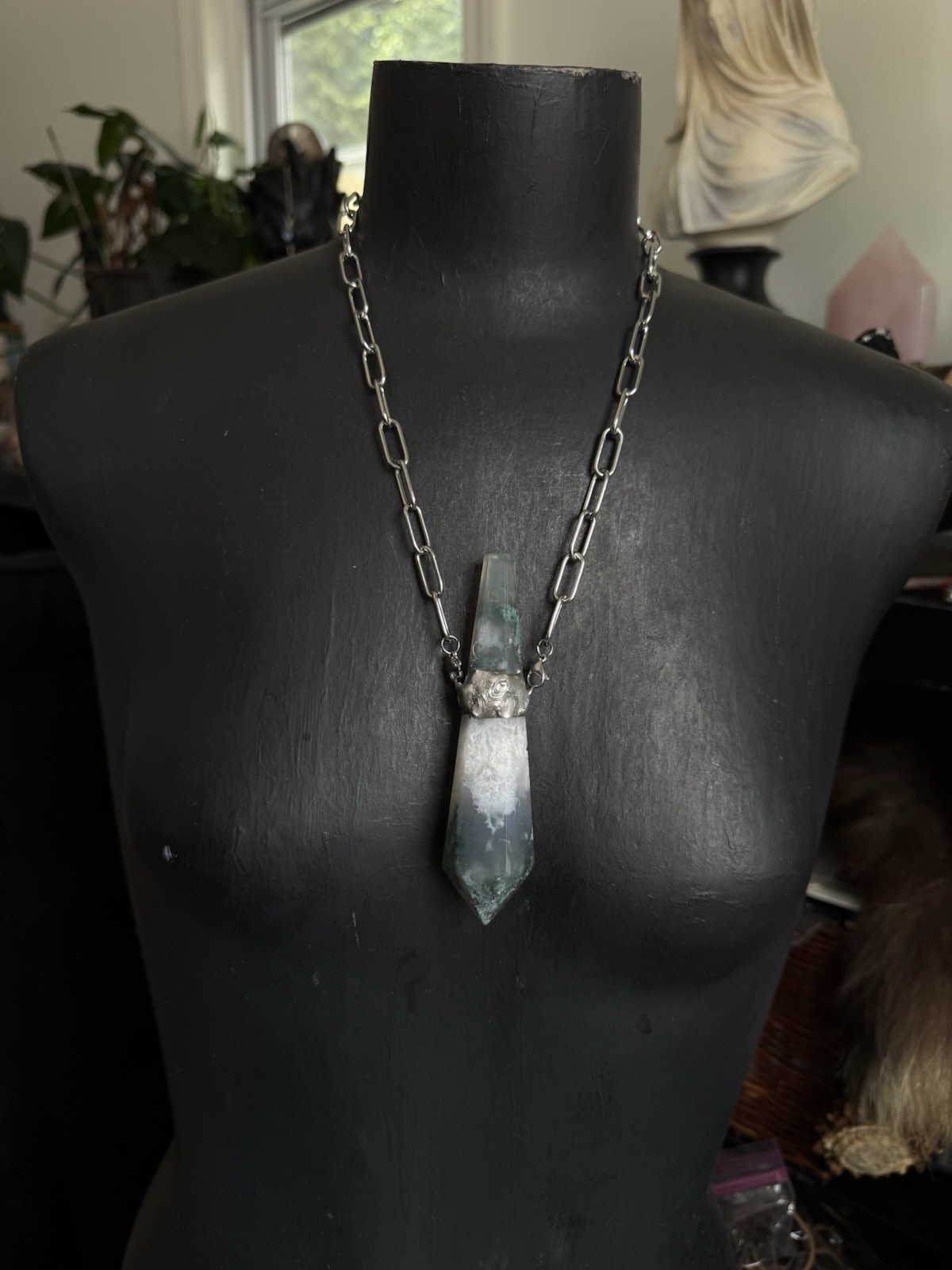 Moss agate point pendant necklace statement jewelry chunky necklace heart chakra
