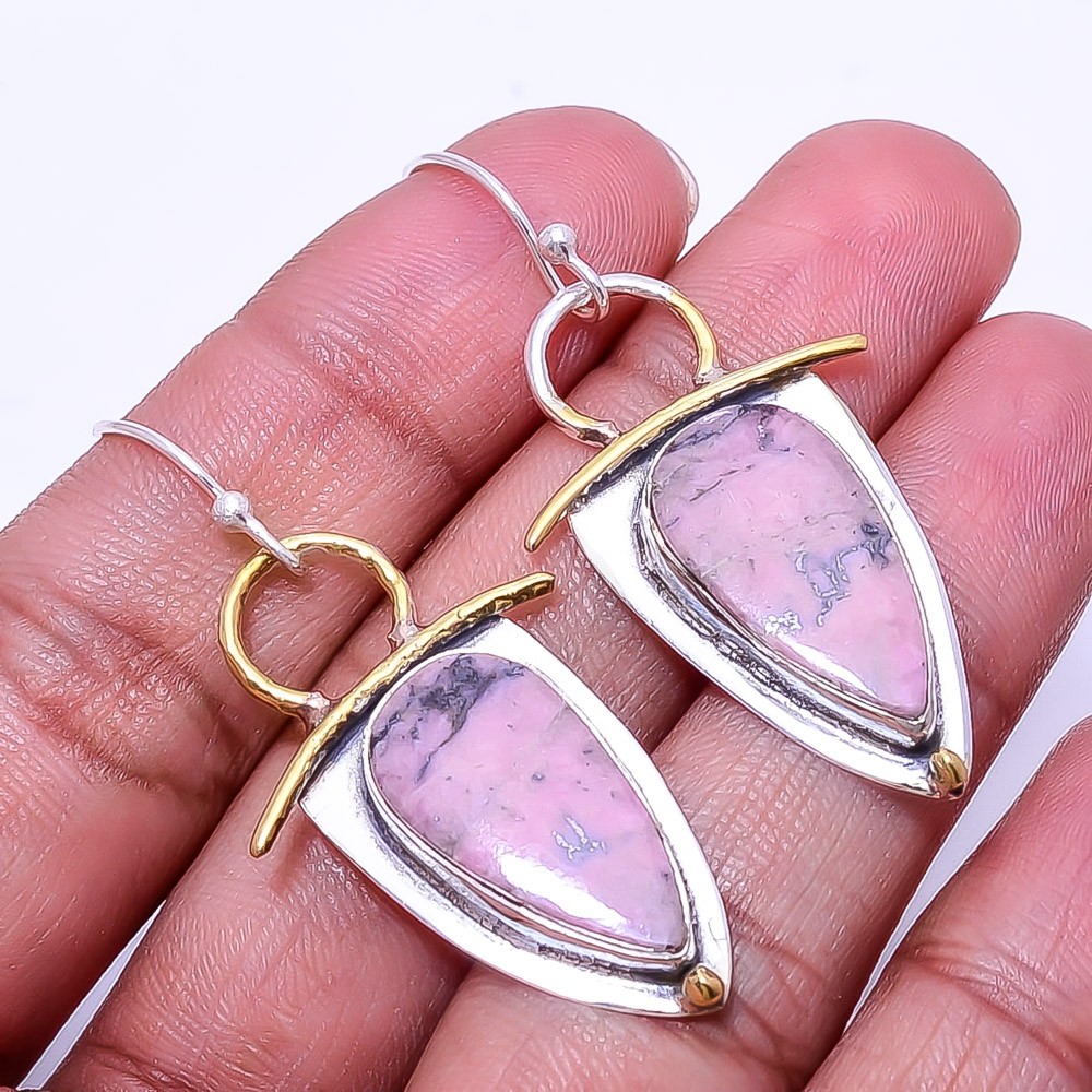 Black Manganese In Rhodonite 925 Sterling Silver Two Tone Earring 1.95″ E47