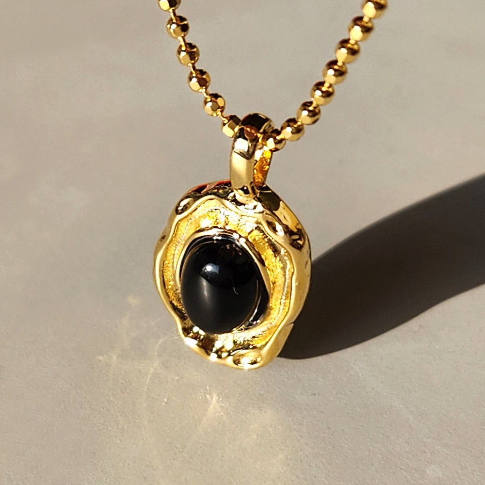 925 Sterling Silver Bold Hammered Black Onyx Pendant Necklace Gold Silver