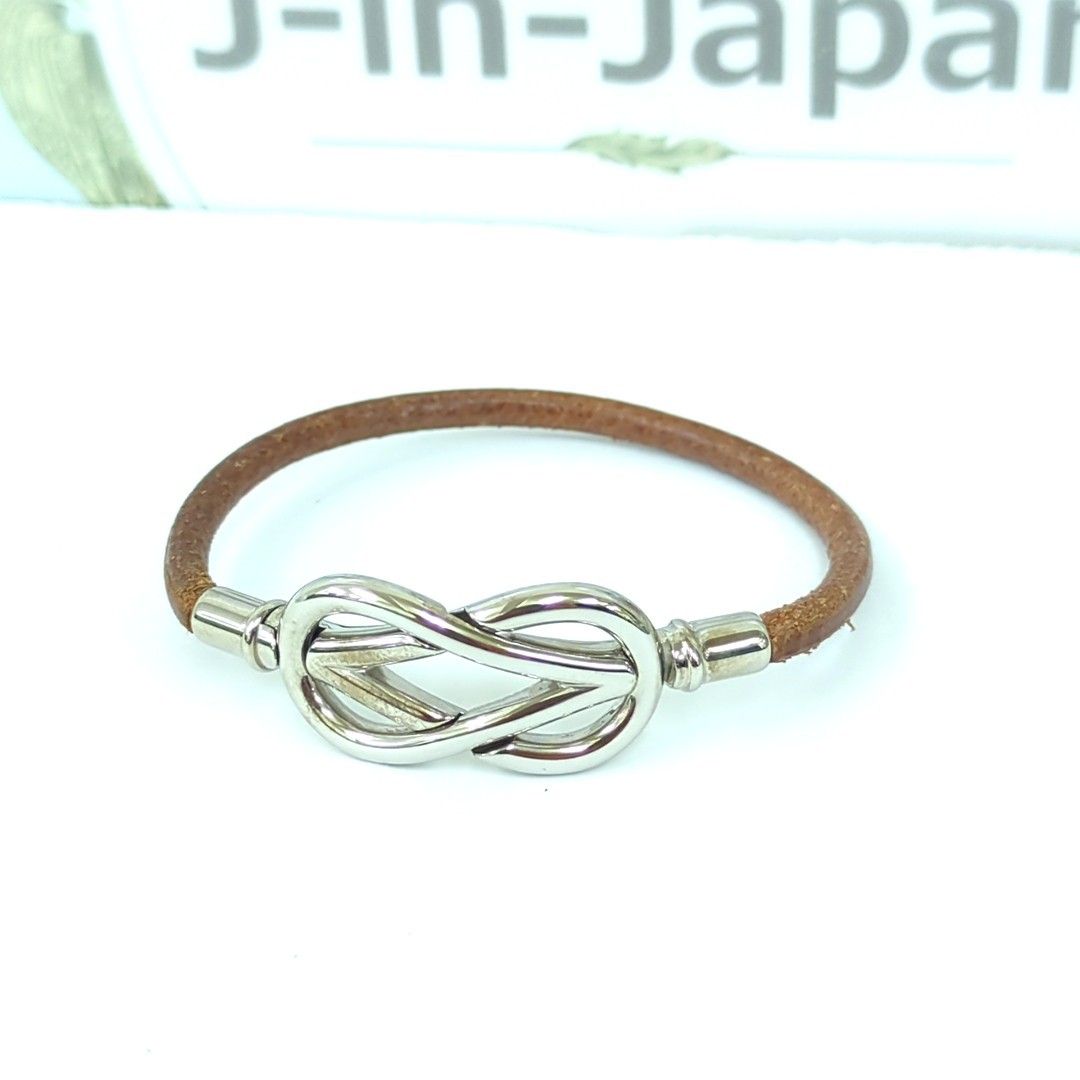 Hermes Atame Leather Bracelet Brown Silver Hardware Vintage Knot Bangle Auth