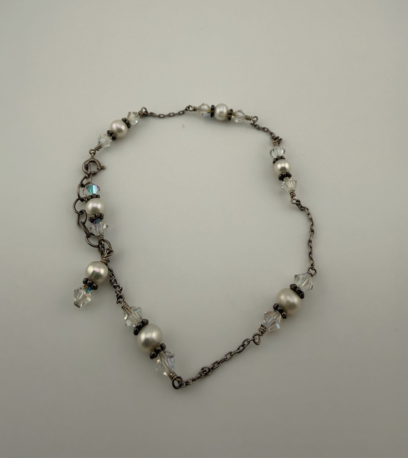 Sterling Silver Iridescent Bead & Rhinestone Ankle Bracelet 12”