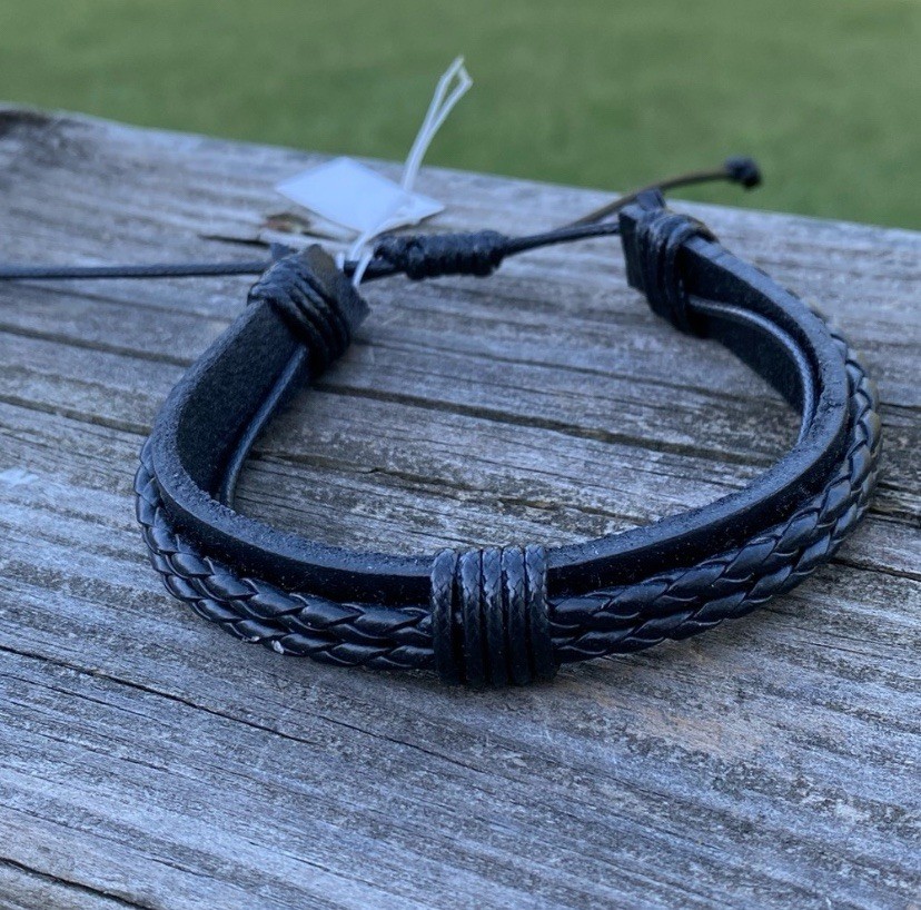Black faux leather adj. wrist strap bracelet layered braiding detail unisex