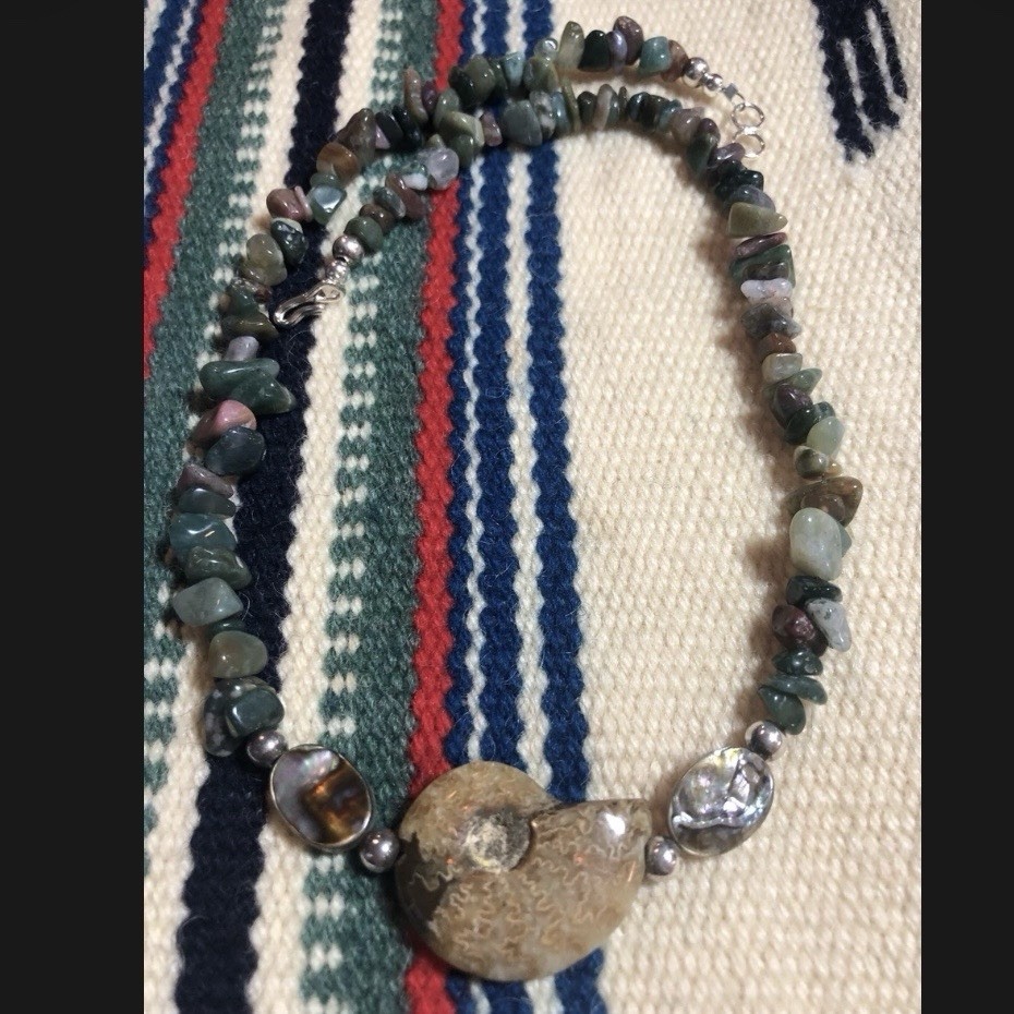 Ammonite Shell Necklace with Abalone Shell and Jasper Beads 18 Inch Length