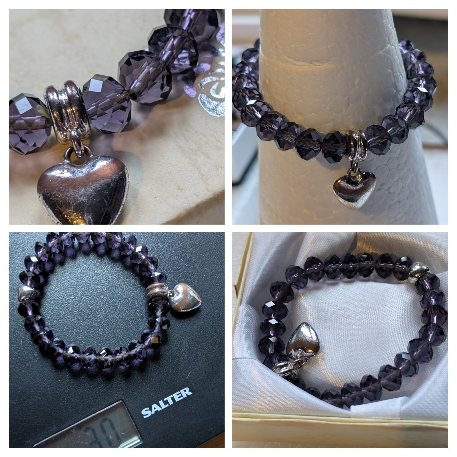 Purple Crystal Elasticated Faux Amethyst Bracelet 30g Love Heart Charm New/ Box