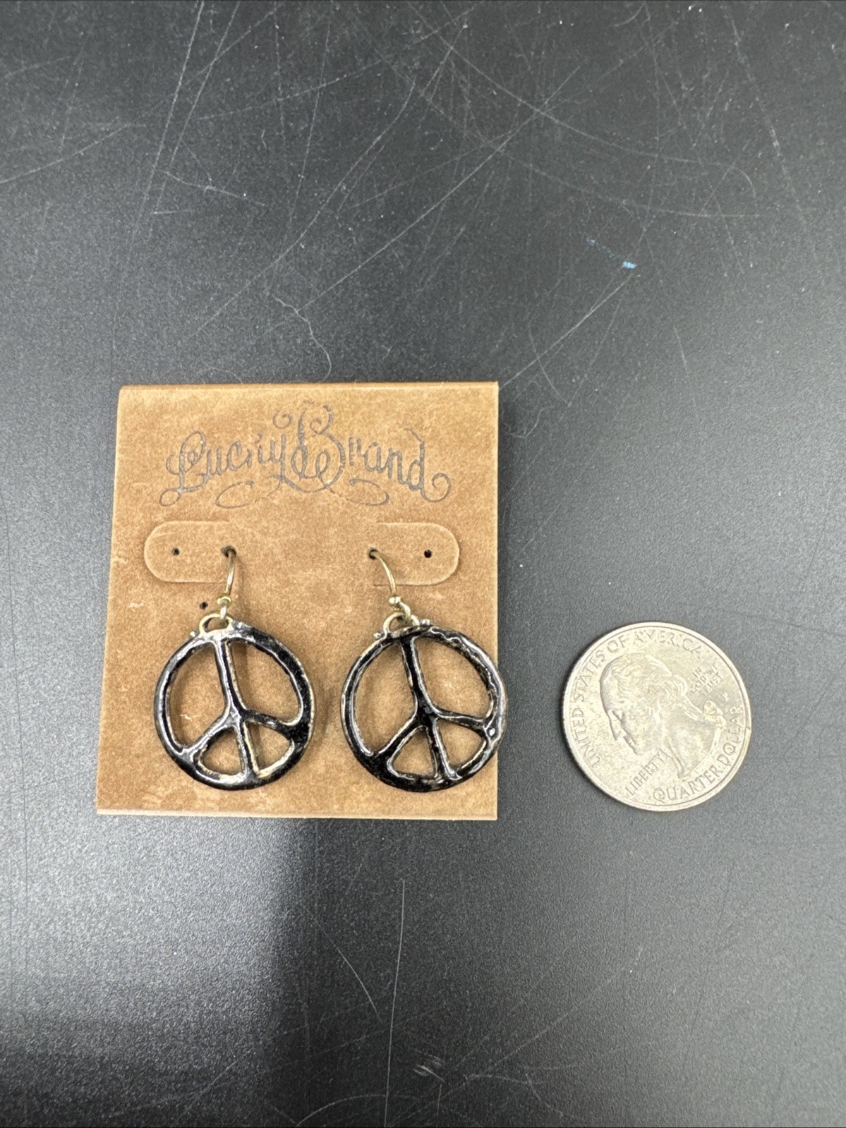 Lucky Brand! Vintage Distressed Look Black Hammered Peace Logo Earrings