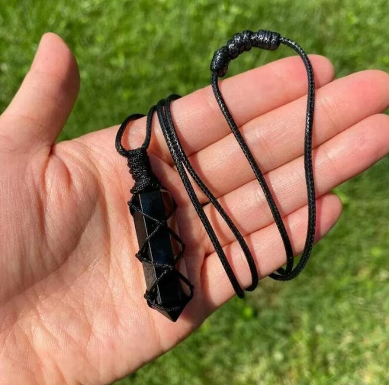 Natural Obsidian Double Point Crystal Warp Pendant Black Gemstone Necklace