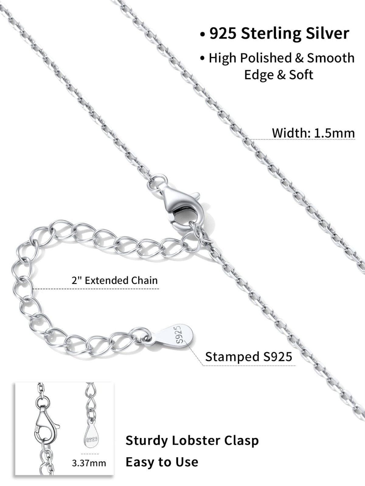 Sterling Silver Necklace for Women – Thin Cable/Box/Rope Chain, 18-30 Inch Lengt