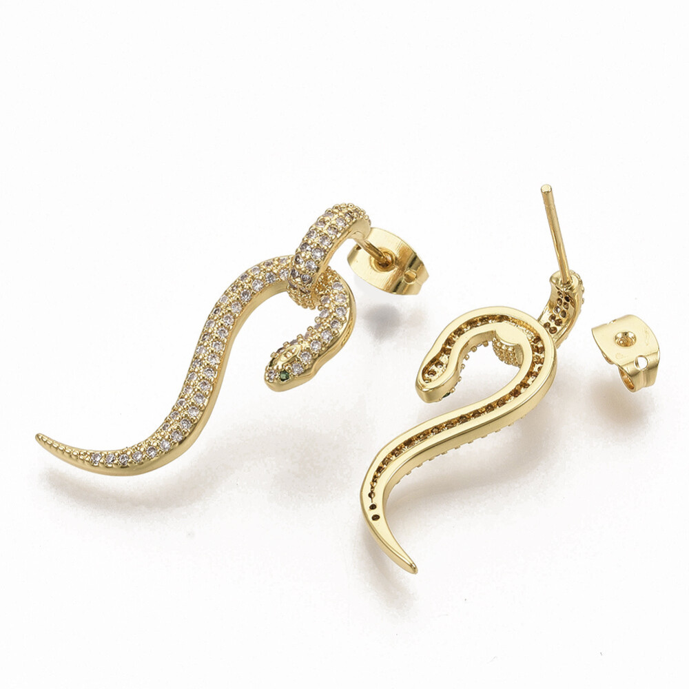 Cubic Zirconia Stud Earrings Backs Snake Real 16K Gold 30x11mm 0.7mm Z363