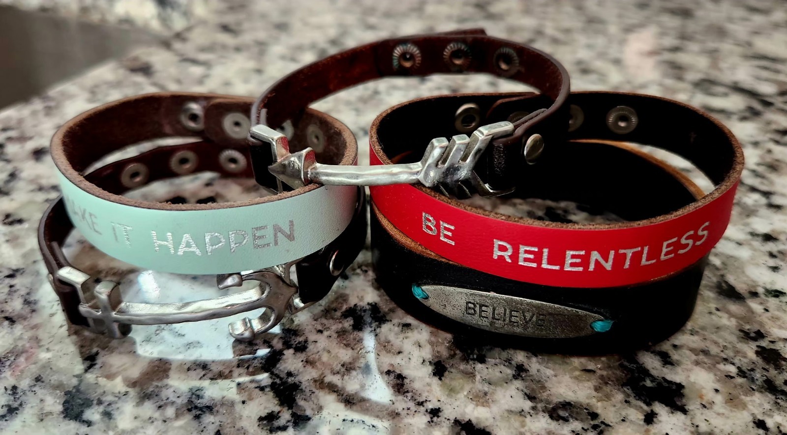 Inspirational Leather Cuff Charm Bracelets Set Adjustable Snap Closure Engraved