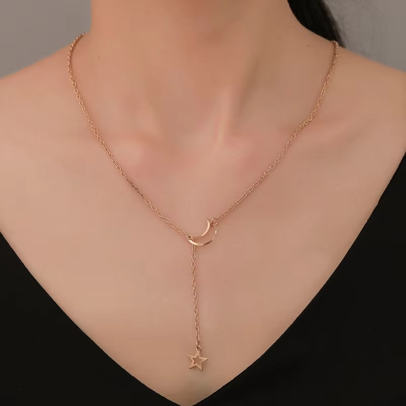 Elegant Moon Star Pendant Choker Necklace Gold Color Alloy Chain Party Jewelry