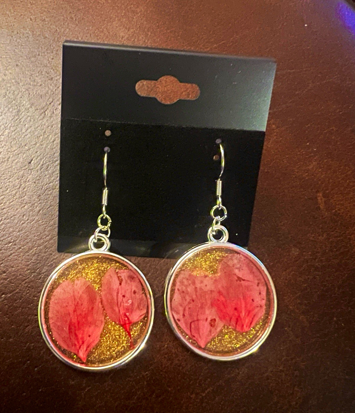 Handmade Pink & Gold flower pedal Round Resin Dangle/Drop Earrings Hook