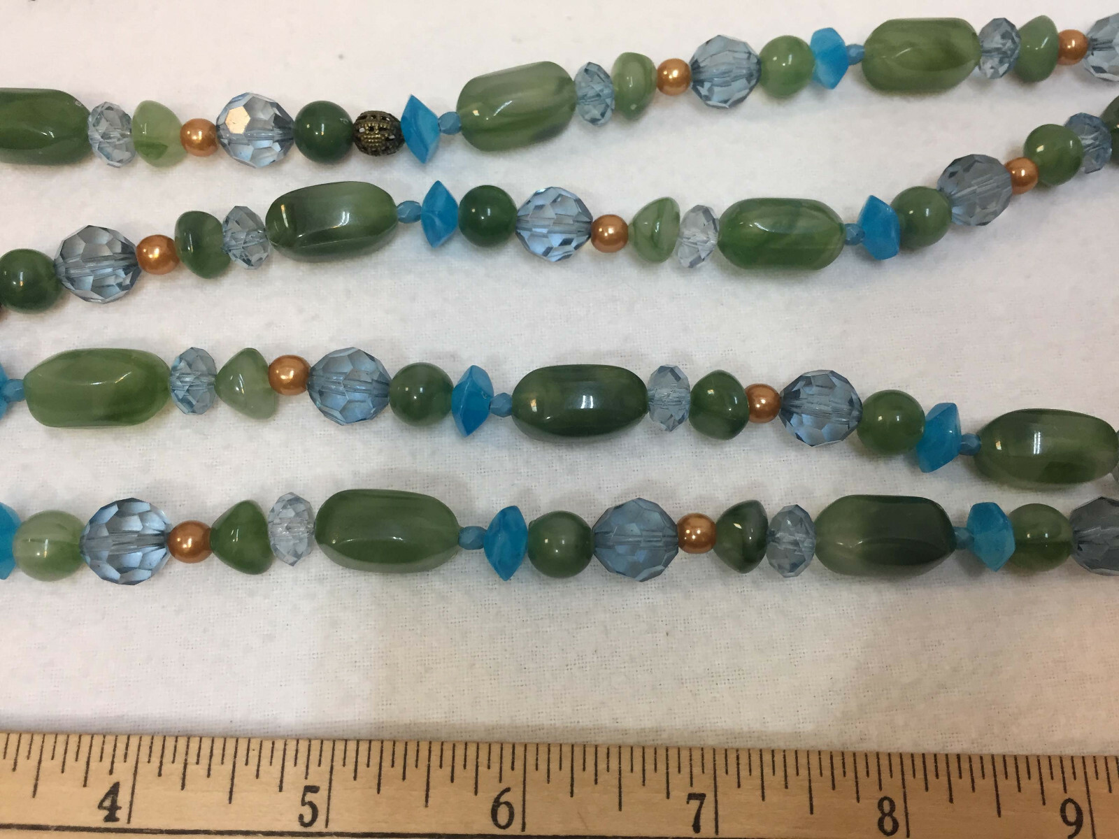 Necklace Jade Like Plastic Beads Green Stone Blue Faceted Long Strand String 60″