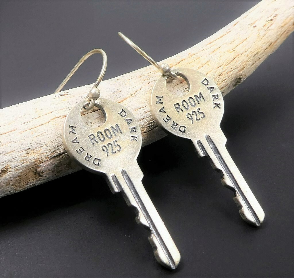Antiqued Solid 925 Sterling Silver Door Key Drop Earrings Modern Unique Gothic