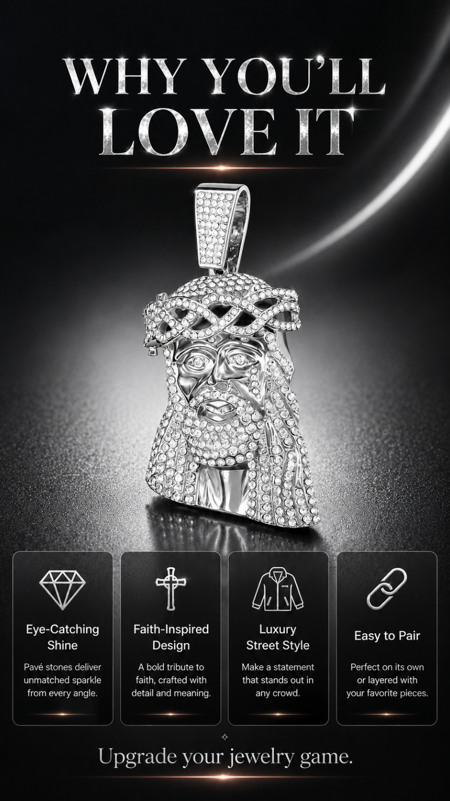 Iced Out Jesus Pendant Necklace Charm, Luxury Silver Tone Faith Inspired Hip Hop