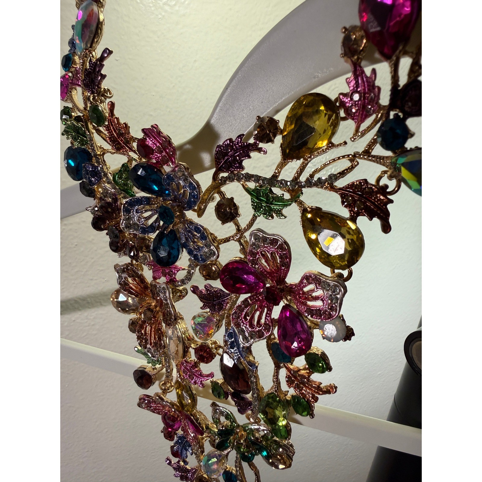 Multicolor Crystal Floral Bib Statement Necklace Gold Tone Jewel Tone Rhinestone
