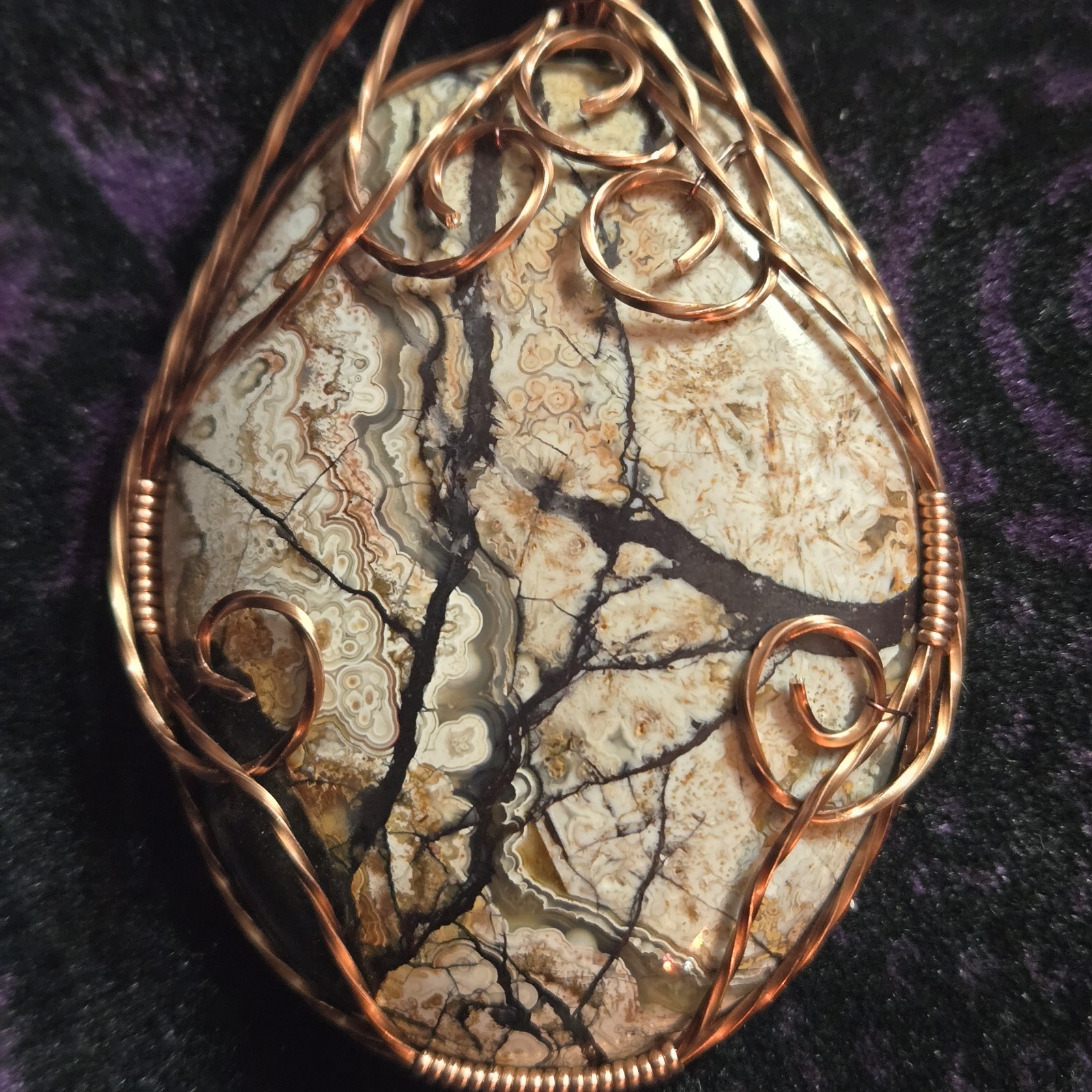Crazy Lace Antique Copper Wire Wrapped Pendant. An Agate Stream And Trees. Idaho
