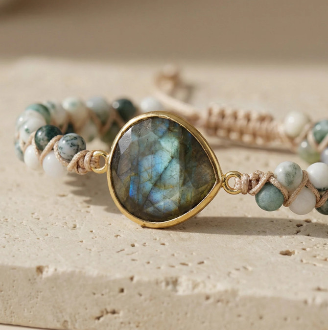Natural Labradorite Moss Agate Beaded Stone Healing Calming Women Bracelet Gift