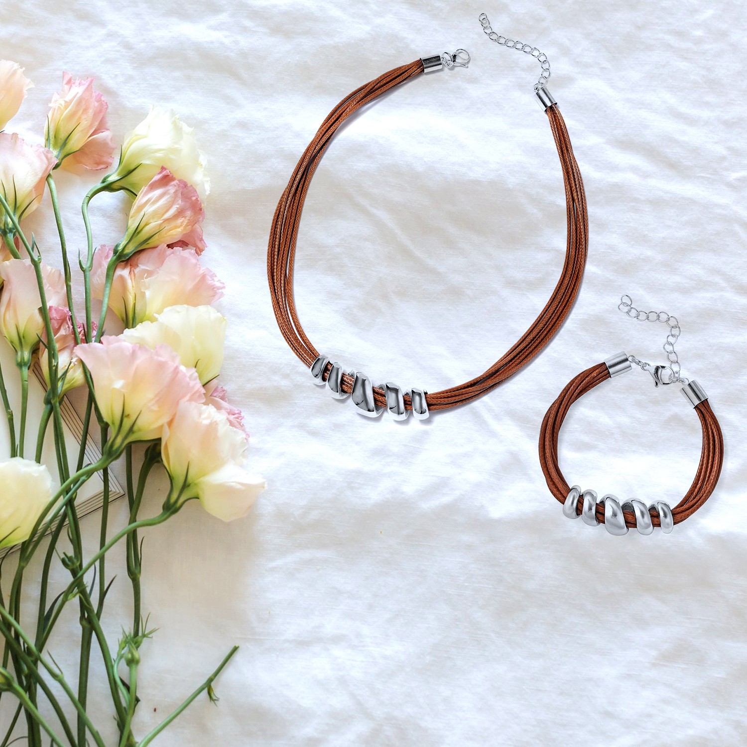 Beige Faux Leather Cord Stainless Steel Twist Bracelet 7″ and Necklace Set 16″