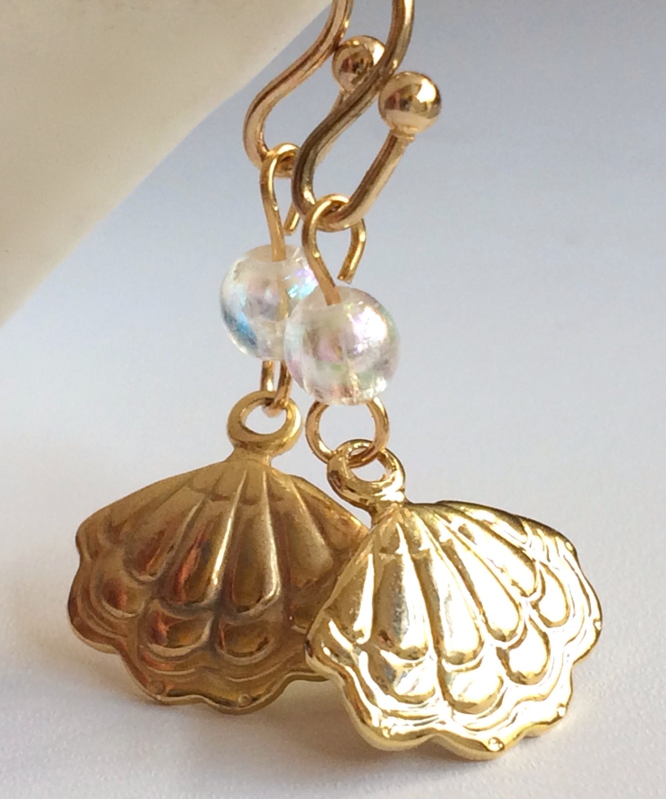 Scallop Shell Earrings Gold Plated Pearl Sea Life Island Beach Pierced Dainty