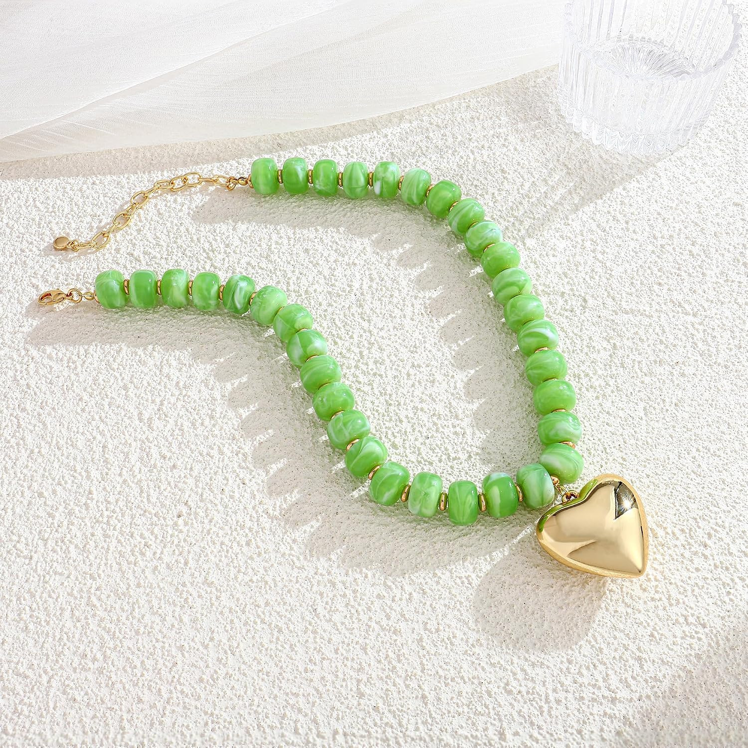 Gold Heart Pendant Necklaces for Women Colorful Acrylic Resin Beaded Choker Neck