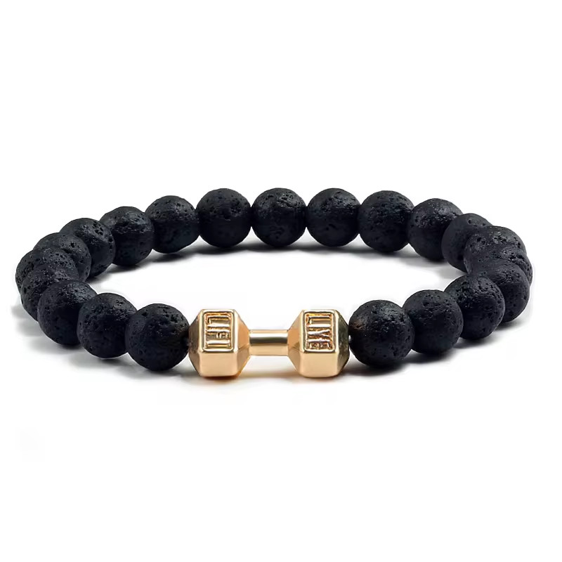 Natural Volcanic Stone Bracelet Men Matte Black Lave White Beads Charm Dumbbell