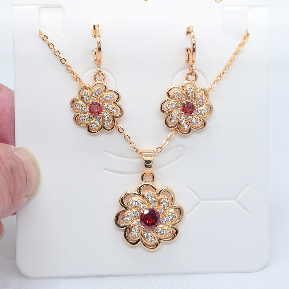 18K Yellow Gold Filled Women Red Mystic Topaz Flower Wedding Jewelry Set