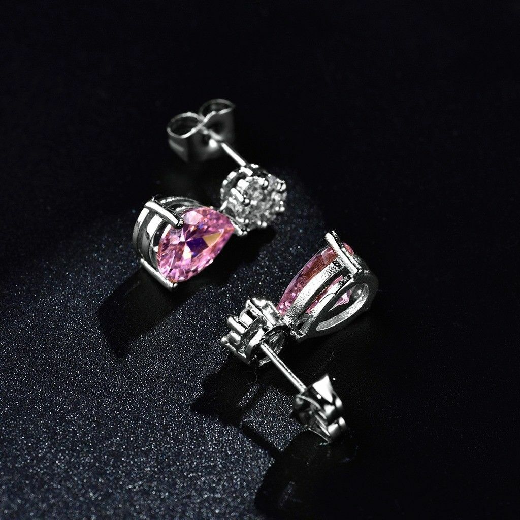 New White Gold Filled Pink & White Round & Teardrop CZ Post Stud Dangle Earrings
