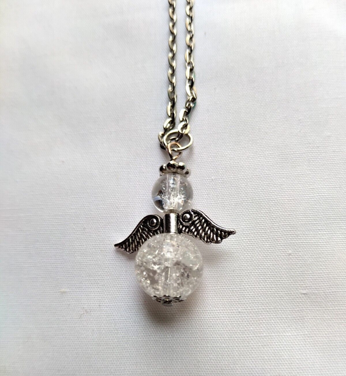 Angel Necklace Handmade Pendant Clear Crackle Glass Stainless Steel Chain Simple
