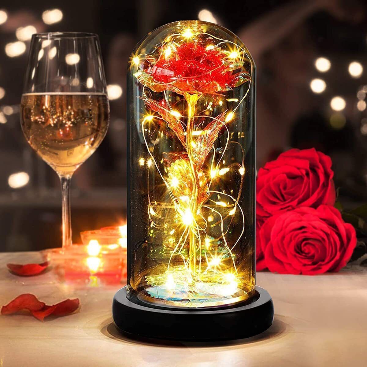 Crystal LED Rose Flower in glass dome Romantic Gift Love for mom girl Birthday