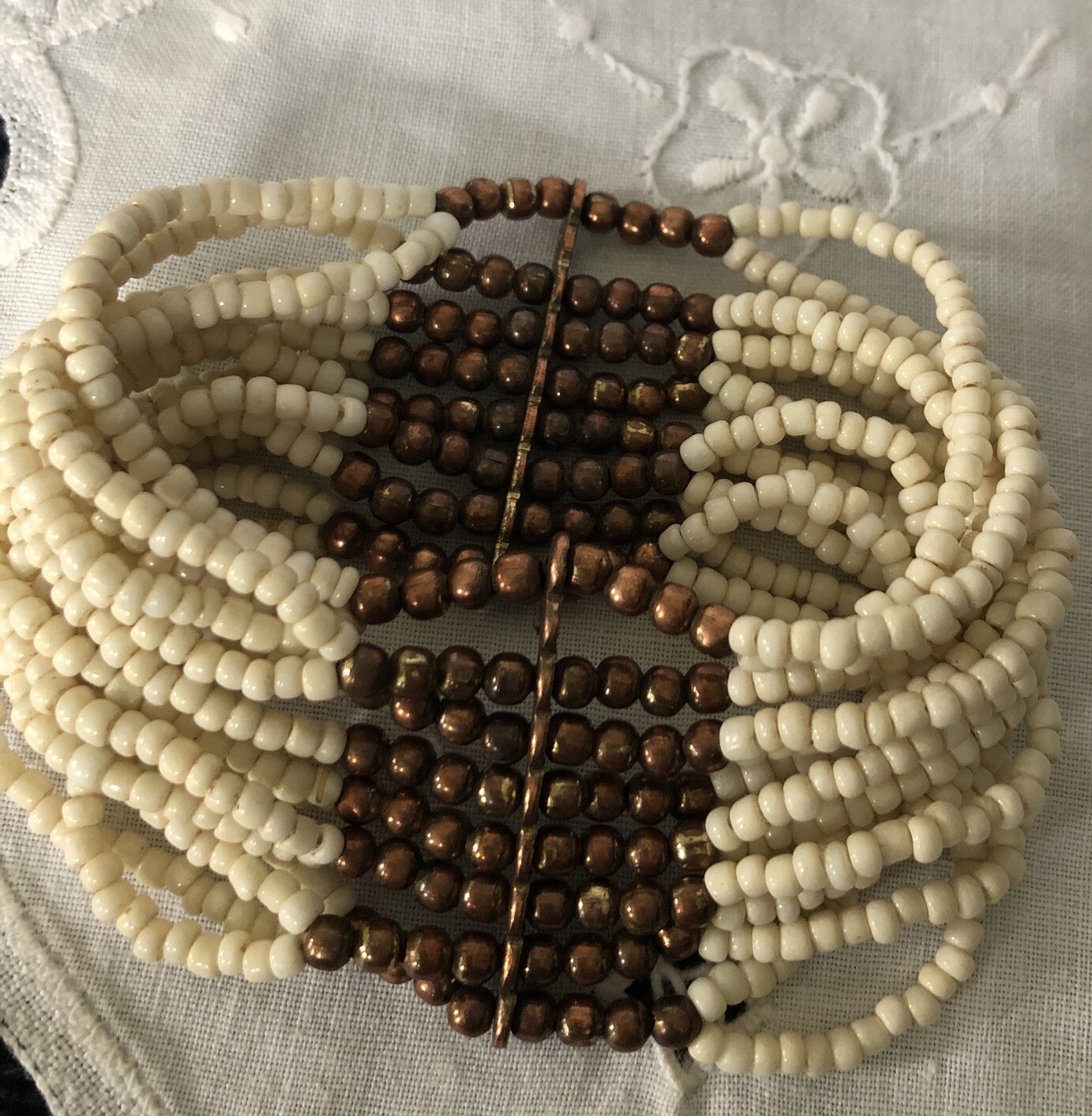 Micro Bead Multi Strand Bracelet Cream & Copper 1 1/2”W 8”Circumference Slip On